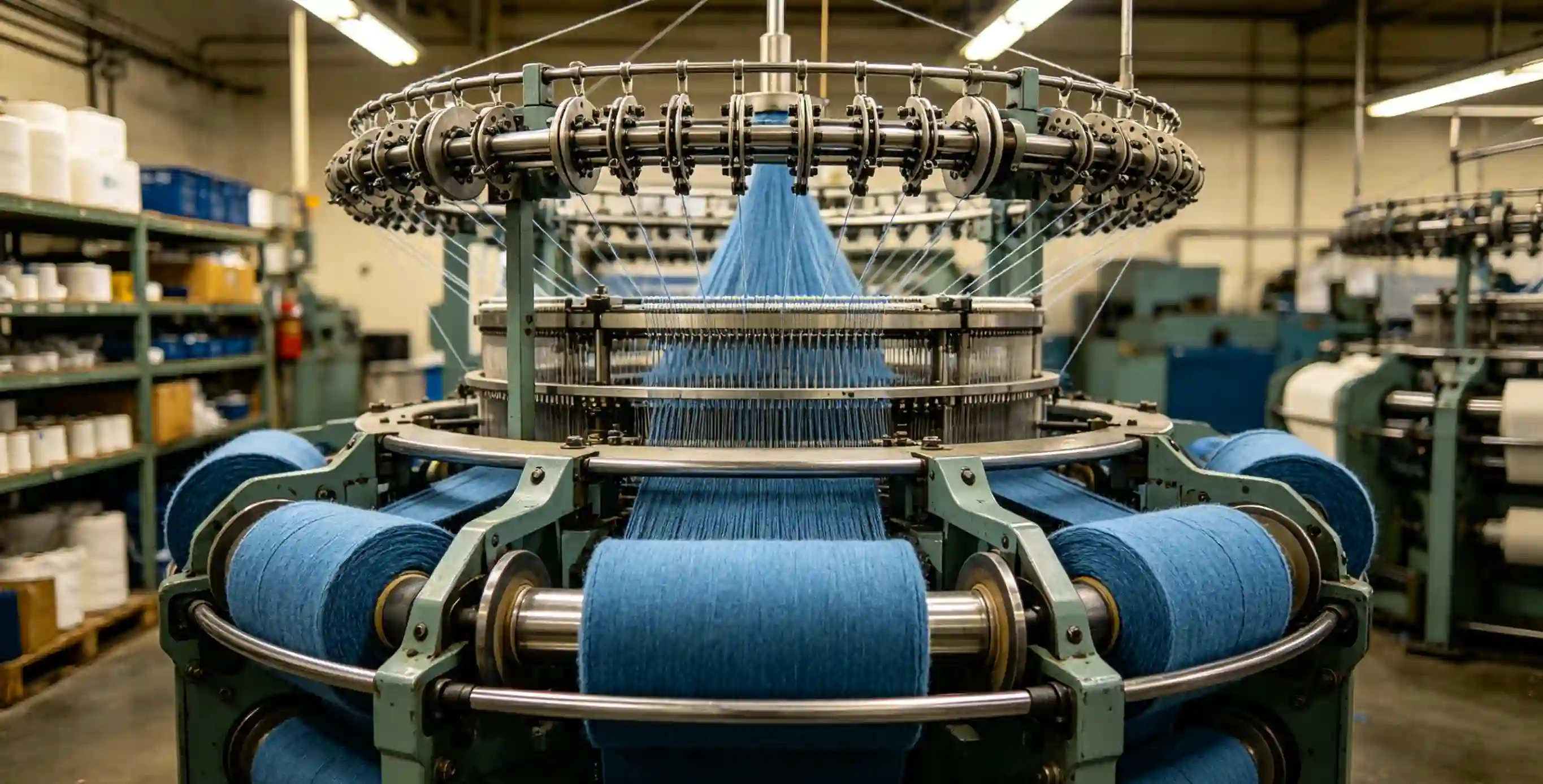 M&aacute;quina de tric&ocirc; circular industrial produzindo rolos t&ecirc;xteis azuis em uma f&aacute;brica.
