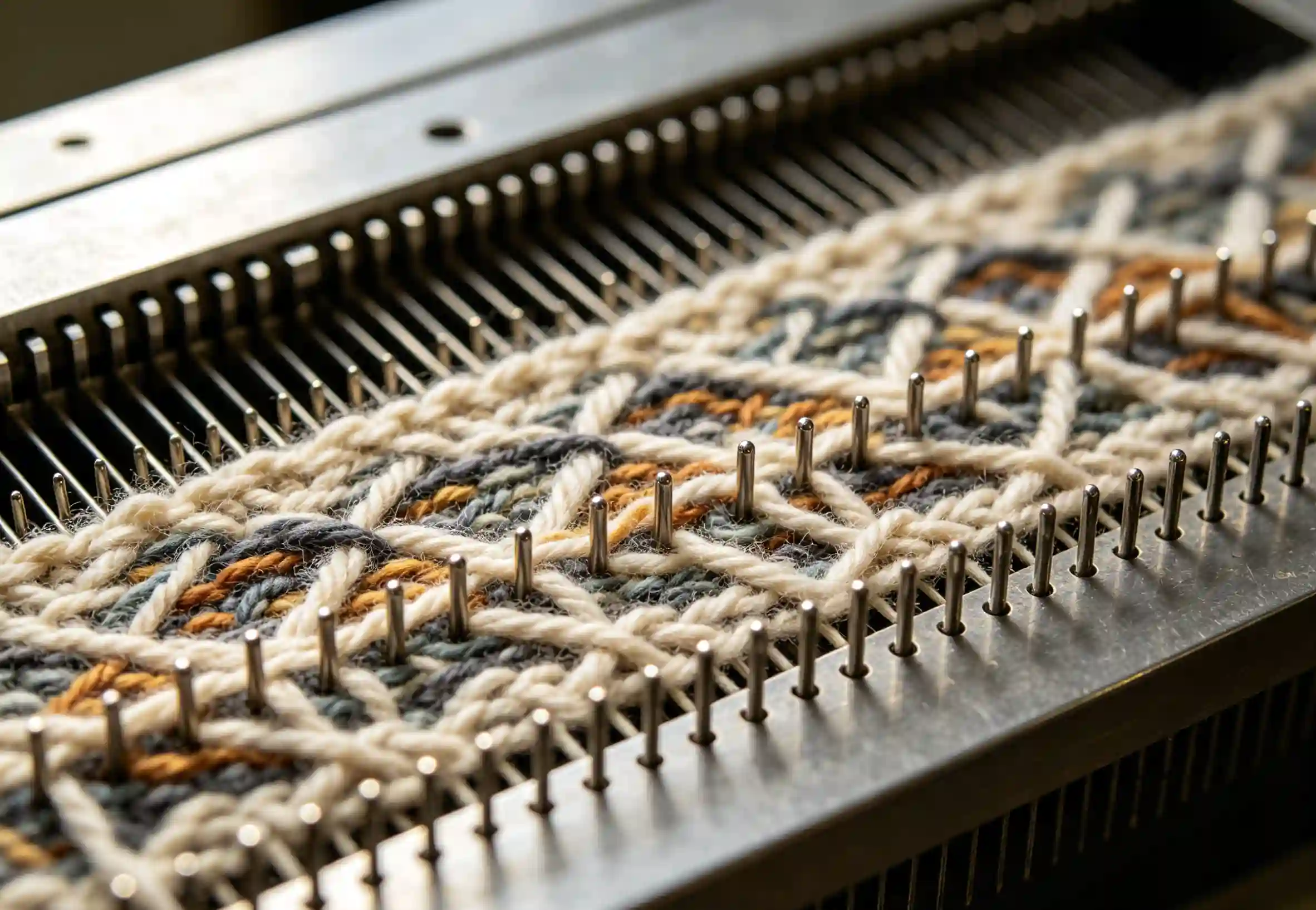Close-up de uma cama de agulha de m&aacute;quina de tric&ocirc; plana com padr&otilde;es de fios intrincados.